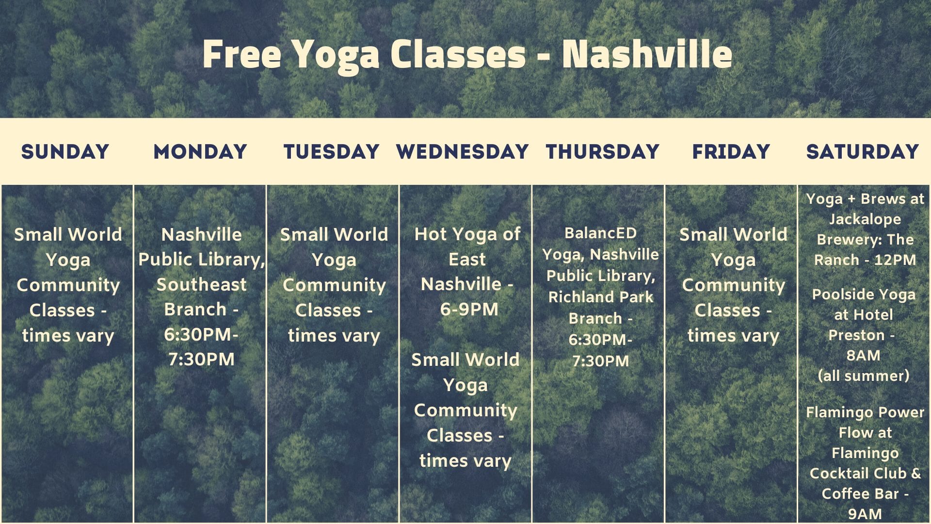 Free Yoga every day of the week in Nashville