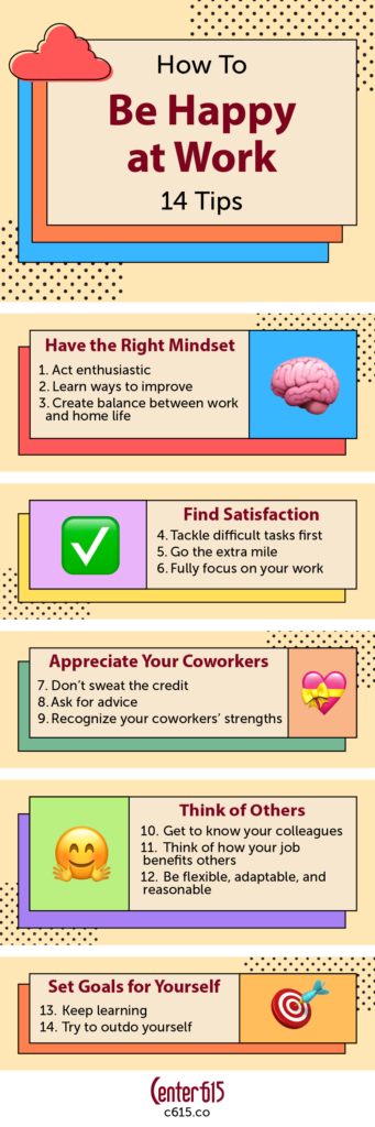 How to be happy at work 14 tips infographic